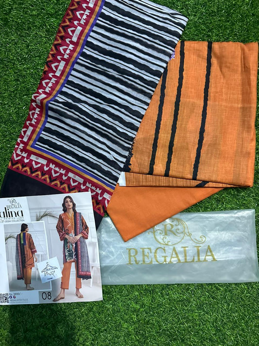 Regalia Salina 100% original printed 3 piece unstitched lawn dress