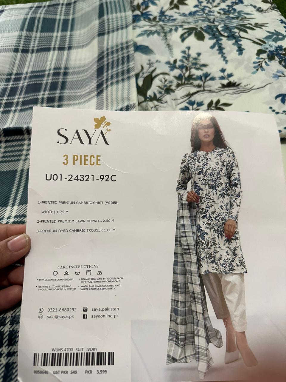 Saya 100% Orignal Cambric, 3 piece unstitched dress